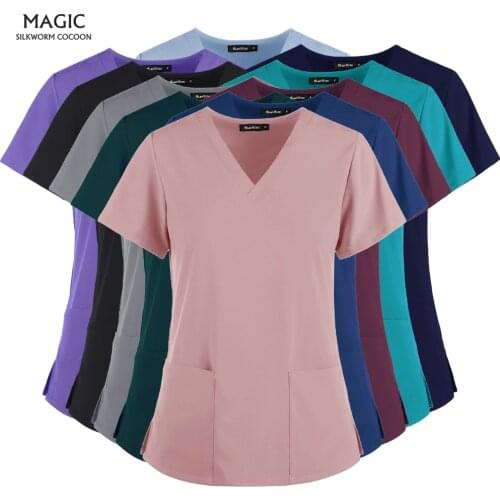 Medical Coats Nursing Scrubs Women T Shirt for Summer Dental Clinic Doctor Working Clothes Tops 10 Colors Elasticity Nurse Tops