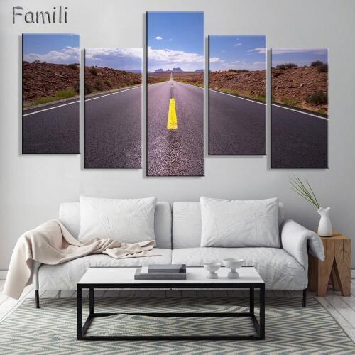 Modular Pictures Wall Art Canvas Home Decor 5 Pieces Big Tree Under A Tornado Painting HD Printed Highway Poster
