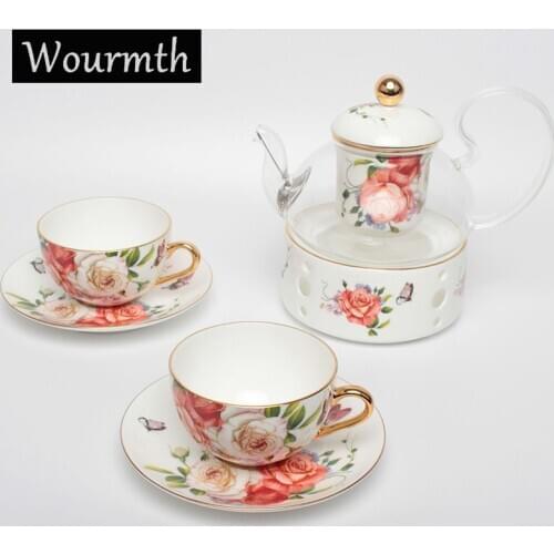 Wourmth British Pastoral Style Afternoon Tea Set Glass Teapot & Ceramic Flower Teacup Sets Advanced Drinkware Set Free Gift Box