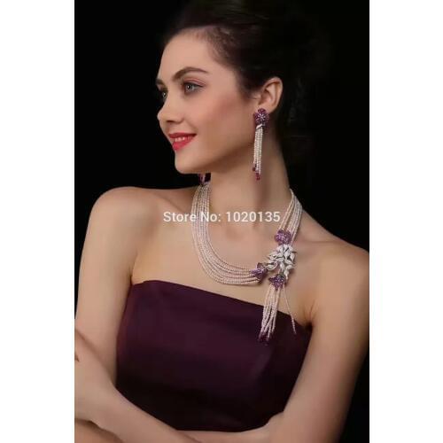 One set 7rows white baroque 3-4mm freshwater pearl necklace earrings amazing gift FPPJ red zircon flower