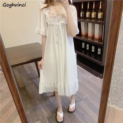 Modal Nightgowns Women Fashion Summer Lace Loose Solid Leisure Sleepwear Sweet Comfortable V-neck All-match Female Korean Style