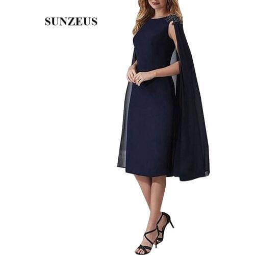 Sheath Knee Length Bride Mother Dress With Cape Back Dark Navy Blue Chiffon Mother Of Groom Wedding Party Dresses Formal Gown