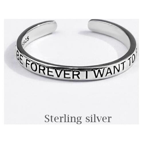 Season Gate 925 Sterling Silver Simple Personality Creative Literary English Letters Adjustable Size Open Ring SR138