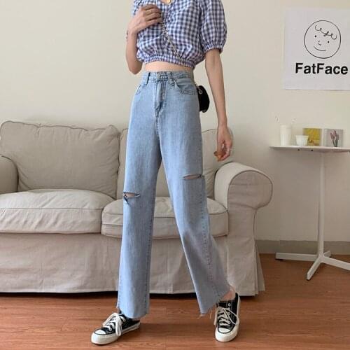 Ripped Jeans Womens Spring Summer New Korean Version Of Loose Wild Button Zipper Solid Color Denim Straight Leg Pants Commute
