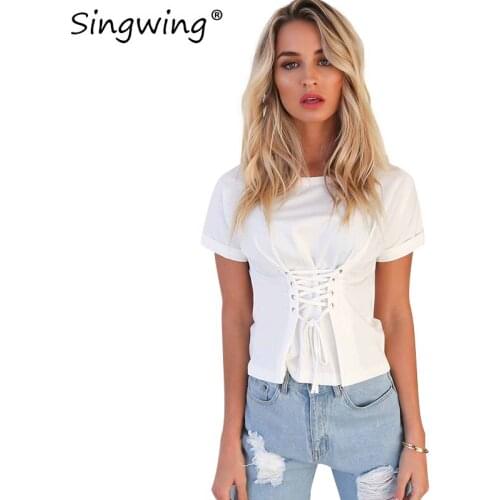 Singwing Solid color o-neck sexy straps women shirts Summer Slim short-sleeved Casual blouse Spliced bandage female blouses