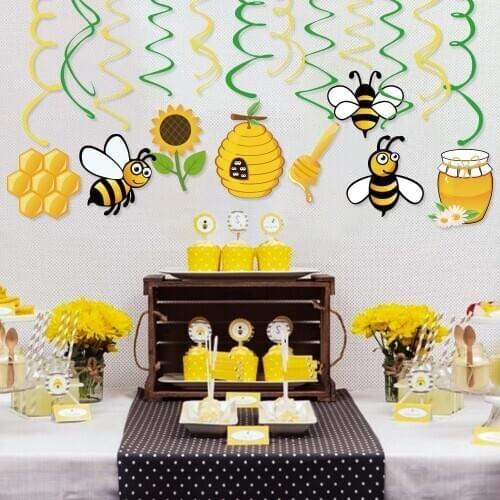 Yellow Little Bee Theme Birthday Party Favors Decoration Carton Honey Bees Cards Spiral Hanging Swirl Baby Shower Party Supplies