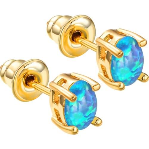 Boho Female White Blue Opal Stone Earrings Yellow Gold Color Small Stud Earrings For Women Vintage Bride Oval Wedding Earrings