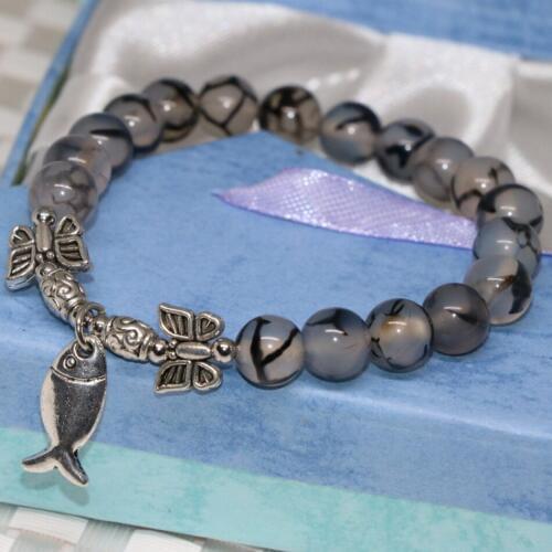 Hot Sale 8mm Stone Beads Strand Bracelet for Women Natural Black Round Dragon Veins Agat Fish Pendant Jewelry 7.5inch B2028