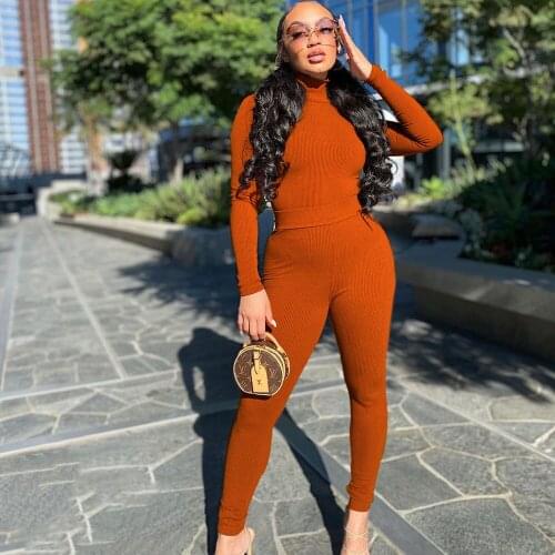 Rib Knitted Two Piece Set for Women Clothing Sets Turtleneck Long Sleeve Pullover Top and Pants Lounge Wear Matching Set Outfits