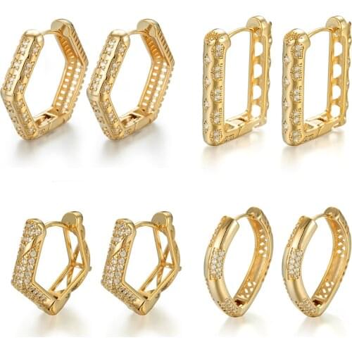 Gold Color Geometric Small Hoop Earrings for Women Fashion Minimalist Circle Rhombus Crystal CZ Hollow Huggie Earrings