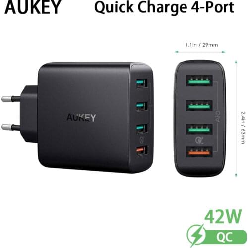 Aukey Foldable US Plug 4 Ports USB Wall Charger with QC 3.0 Quick Charge For i-Phone11 Pro Max/ Note8 S8 i-Pad