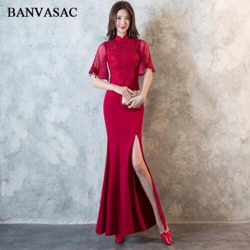 BANVASAC Vintage High Neck Lace Appliques Split Mermaid Long Evening Dresses 2018 Illusion Half Sleeve Party Prom Gowns