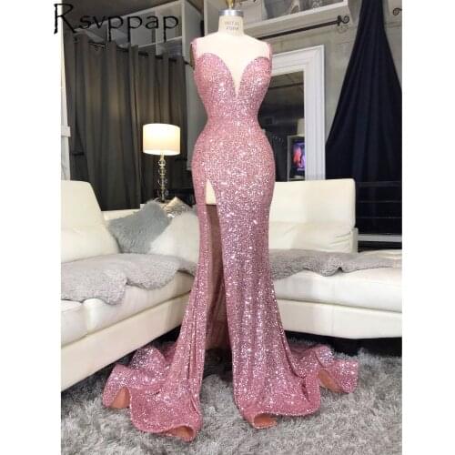 Sparkly Sequin Long Prom Dress Sexy High Slit Sweetheart Neck With Straps Pink Mermaid African Girl Prom Dresses 2021