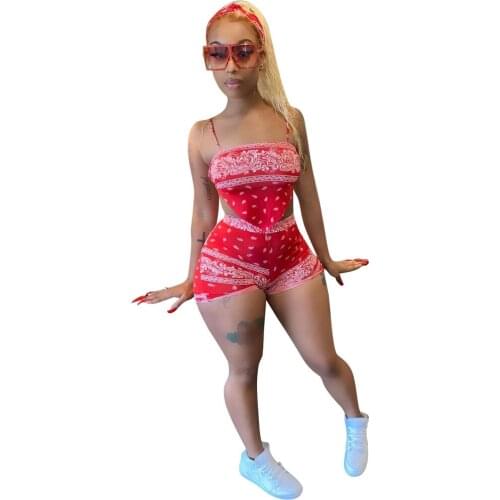 Flower Print Bellyband Sling Shorts set Women Sexy Spaghetti Strap Irregular Crop Top + Shorts Slim Club Party Two Piece Set