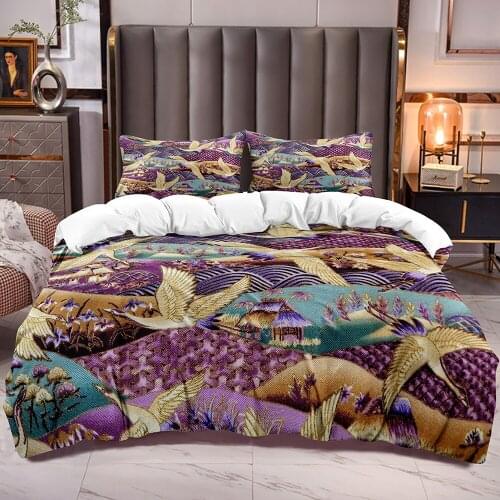 Purple Floral Bedding Duvet Cover with Birds Flowers Pattern Waves Comforter Cover Sets Quilt Cover with Zipper Closure