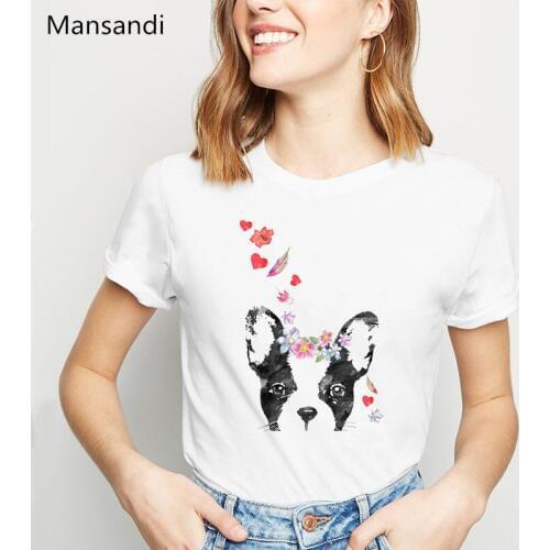 French Bulldog flower animal Printed t shirt women clothes 2021 funny tshirt femme harajuku shirt white female t-shirt