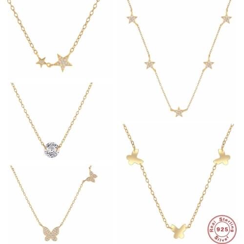 GS 925 Sterling Silver White Zircon Star Butterfly Pendant Necklaces For Women Luxury Crystal Cross Charm Chain Necklace Gift