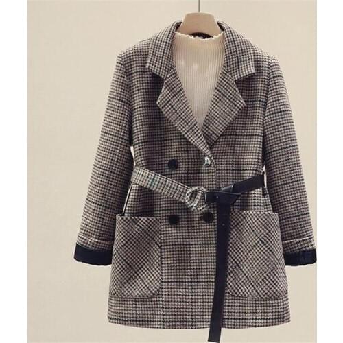 Plaid Wool Blends Coat Womens 2020 New Autumn Winter Vintage Double Breasted Woolen Jacket With Belt Outerwear Female
