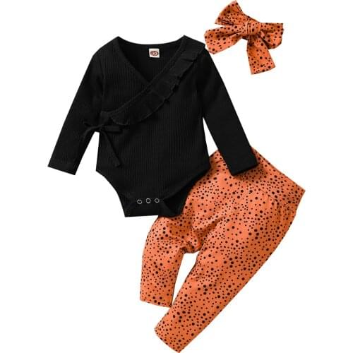 3pcs Newborn Baby Girl Clothes Set Solid Ribbed Long Sleeve Romper Tops Dot Print Pants Headband Autumn Baby Outfit