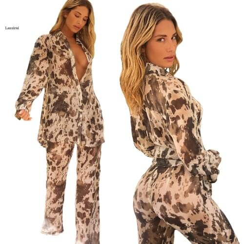 Two Piece Set Digital Mesh Printing Trumpet Sleeve Outfit Set Autumn Winter New WomenS Short Top Pencil Pants Set