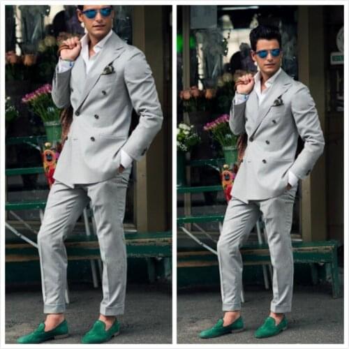 Double Breasted Light Grey Costume Homme Men Suits With Pant Slim Fit Tuxedo Wedding Groom Suits For Men Terno Masculino Blazer