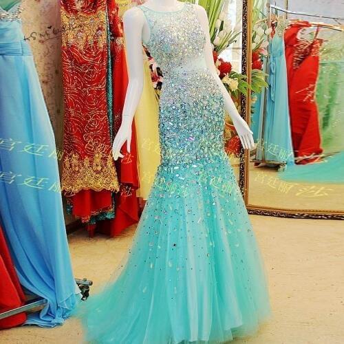 Red Turquoise Formal Long Evening Gowns with Crystals Sparky Mermaid Prom Dresses to Party Sexy Tank Vestidos de Festa Noche