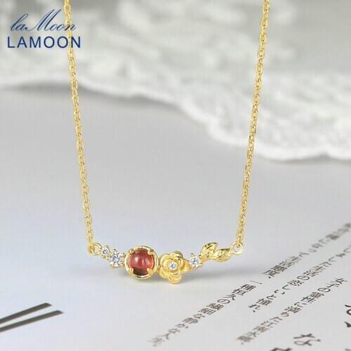 LAMOON Camellia Flower Pendant For Women Natural Garnet Gemstone Handmade 925 Silver 14K Gold Plated Fine Jewelry LMNI124