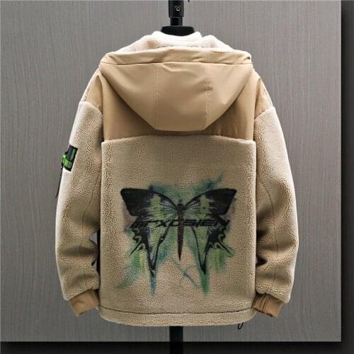 Mens Winter Chic Solid Color Jacket Trend New Youth Lamb Fur Coat Fashion Casual Butterfly print Vintage Hooded Jacket Male