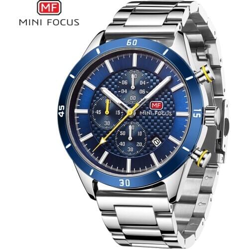 MINI FOCUS Mens Watches Fashion Luxury Stainless Steel Chronograph Quart Watch Man Blue Wristwatch Luminous Hands Reloj 0283