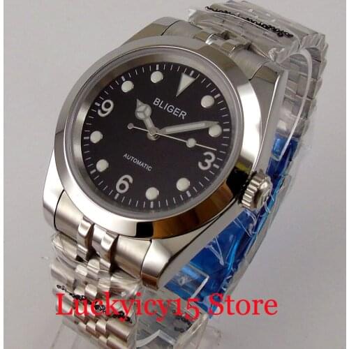 BLIGER Polished 39mm Self Winding Men Watch 24 Jewels NH35A MIYOTA 8215 Jubilee Bracelet Luminous Marks Screwdown Crown