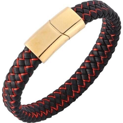 Fashion Black Red Braided Leather Bracelet Men Jewelry Stainless Steel Magnetic Clasps Male Wrist Band Bangles Gifts S0222