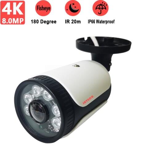 JATECH 4K 8MP Fisheye Outdoor Security IP Camera PoE Nightvision IP66 Waterproof Onvif P2P Fisheye Lens Near 180 Degrees View