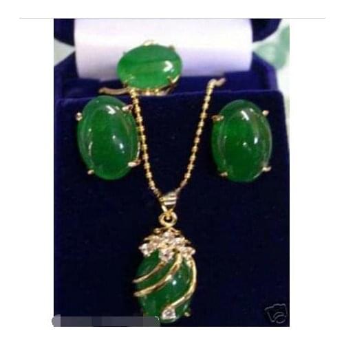Wholesale price 16new ^^^^Jewelry green stone pendant necklace earrings ring set + Free Chain