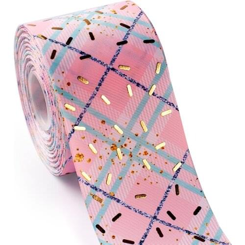 Rainbow and Plaid Stripes Gold Foil Thermal Transfer Printed Grosgrain Ribbon 2 yards 75mm for DIY
