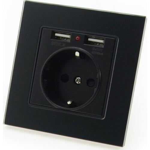 Luxury Glass Panel Wall Power USB Socket 16A EU Standard Electrical Outlet With 2100mA Dual USB Socket Charger Port for Mobile