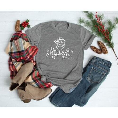 Believe Santa Funny Graphic Christmas Top Tees Women Cotton Round Neck Harajuku Cute Shirt Fashion Short Sleeve Female Clothing