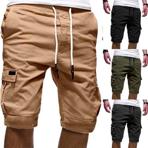 Summer Casual Men Solid Color Cargo Shorts Multi-Pockets Drawstring Fifth Pants
