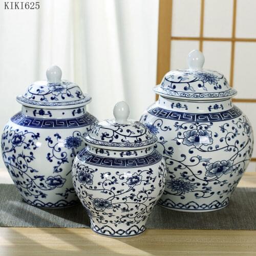 Modern Ceramic Blue and White Porcelain Antique General Jar with Lid Large General Storage Tea Caddy Countertop Home Decoration