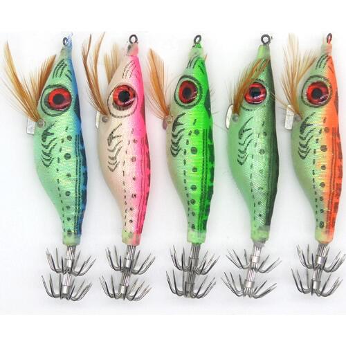 Luminous Squid Jigs 1 Piece 10cm 9g Big Eyes Wood Shrimp with Octopus Squid Jig Hooks Cuttlefish Fishing Lure Glow In Dark