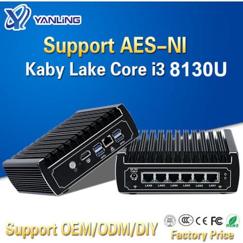 Yanling Pfsense fanless mini pc x86 core i3 7100u celeron 3865u 6*Intel Lans DDR4 linux firewall router DHCP VPN network server