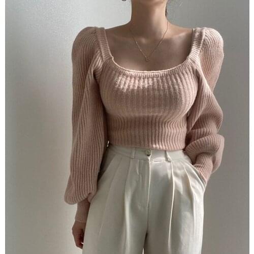 Women England Style Sweaters Sexy Square Collar Lantern Sleeve Loose Casual Knitted Pullovers Pink Women Clothing 2020