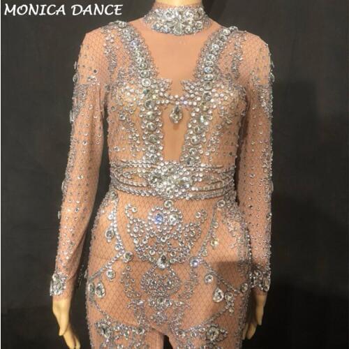 Women Sexy Stage Net Yarn Perspective Jumpsuit Silver Glass Sparkling Crystals White Pearls Nightclub Party Stage Wear Costumes