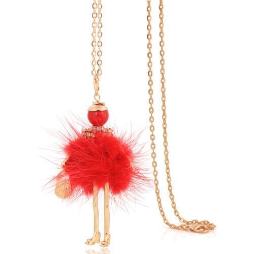 Fashion lady crystal big red fur choker long chain necklace pendant sweater coat handmade necklace jewelry cute gift