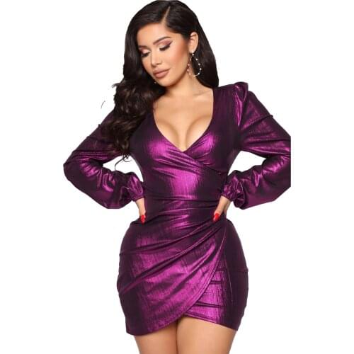 S-XXXL Womens Sexy Dress Deep V Neck Long Sleeve Ruched Sparkly Bodycon Club Mini Dresses
