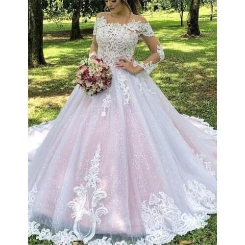 Pink Princess Wedding Dresses for Women Lace Appliques Sequins Long Sleeve Ball Gown Bridal Gowns Plus Size Vestido De Noiva