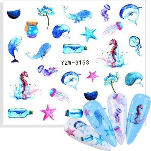 1 Sheet Water Transfer Nail Art Stickers Ocean Animal Cartoon Mermaid Sliders Starfish Octopus Whale Jellyfish Decor Decal