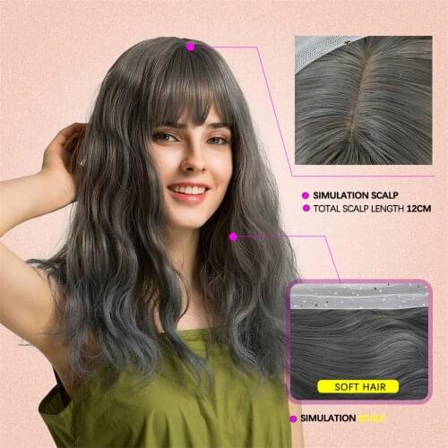 19 Inches Natural Long Ombre Wavy Women Wig W/ Neat Bangs for Cosplay Party