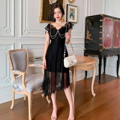 2021 New French Diamond Chain Lace Irregular Black Dress