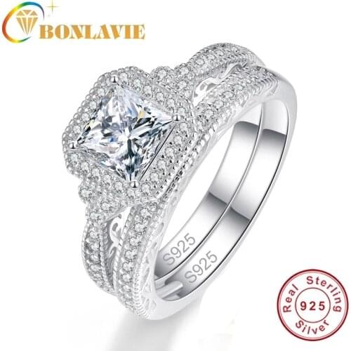 925 Sterling Silver Rings White Clear CZ Square 2pcs Classic Engagement rings Bridal Sets Rings For Female Original Fine Jewelry