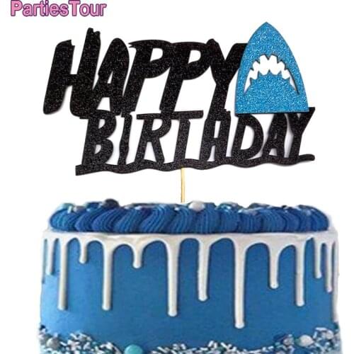 Shark Cake Topper Shark Happy Birthday Glitter Cake Topper for Baby Shower Party Ocean Theme Supplies Shark Brithday Cake Decors